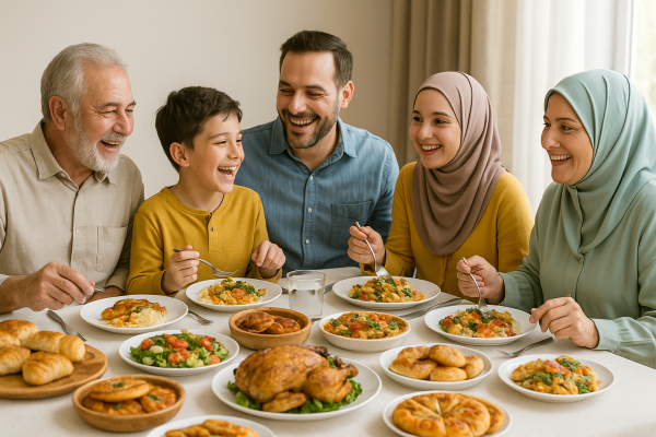 A joyful Muslim family gathers for a meal, sharing a variety of delicious dishes. Children smile, elders are content, and the atmosphere is filled with warmth, gratitude, and blessings.